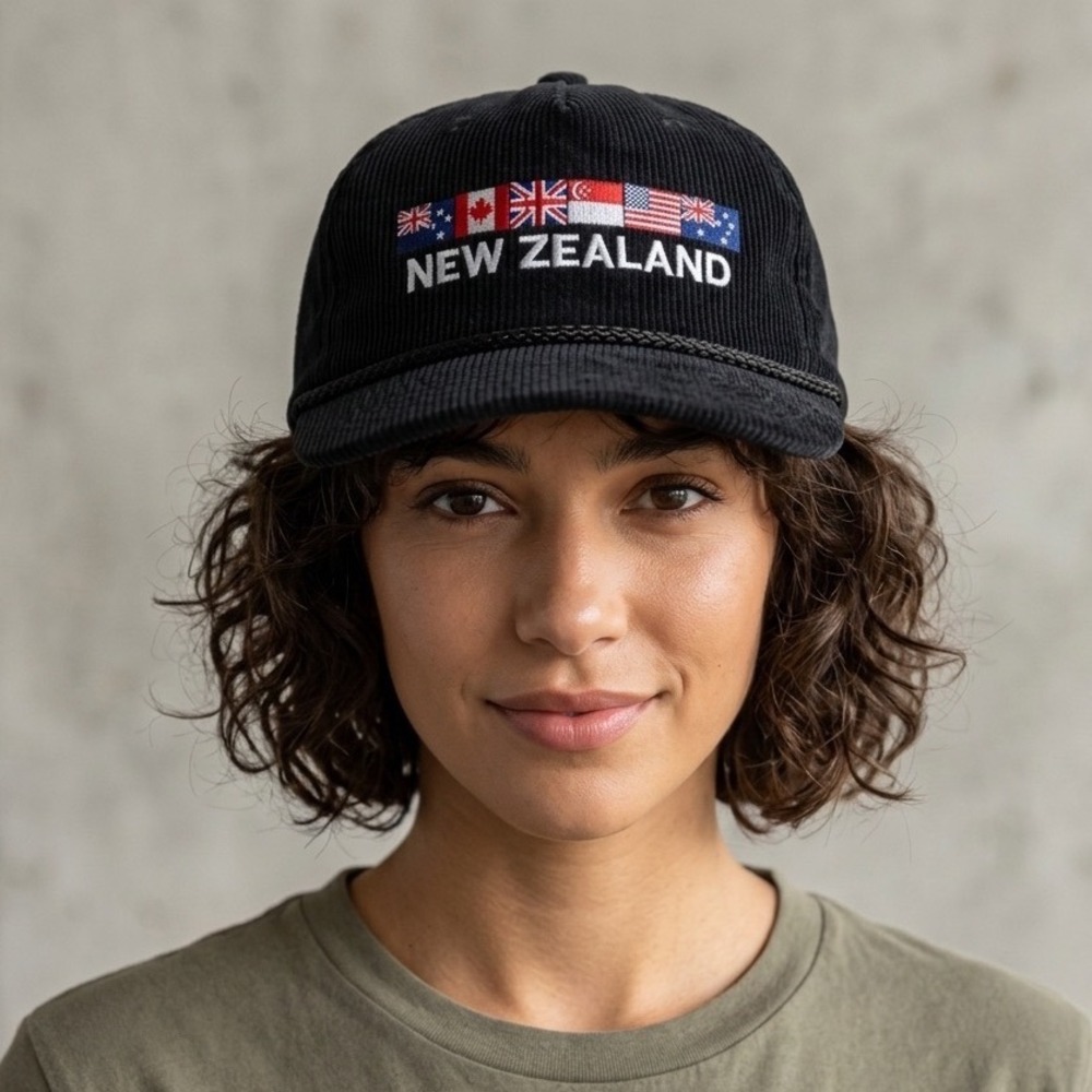 Vtg 90s New Zealand Corduroy Trucker Hat Black Rope Strapback Flags Souvenir Cap